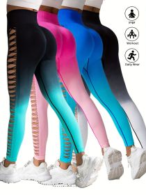 4 Pack Cut Out Ombre Gradient Color Hollow High-waist Butt-lifting Fitness Women's Yoga Pants, Women's High Waist Yoga Pants Cutout Ripped Super Soft (Color: 4PACK2, size: M)