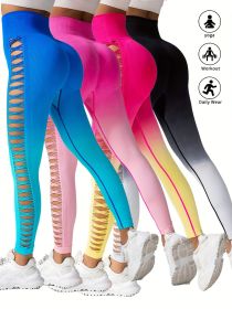 4 Pack Cut Out Ombre Gradient Color Hollow High-waist Butt-lifting Fitness Women's Yoga Pants, Women's High Waist Yoga Pants Cutout Ripped Super Soft (Color: 4PACK10, size: S)